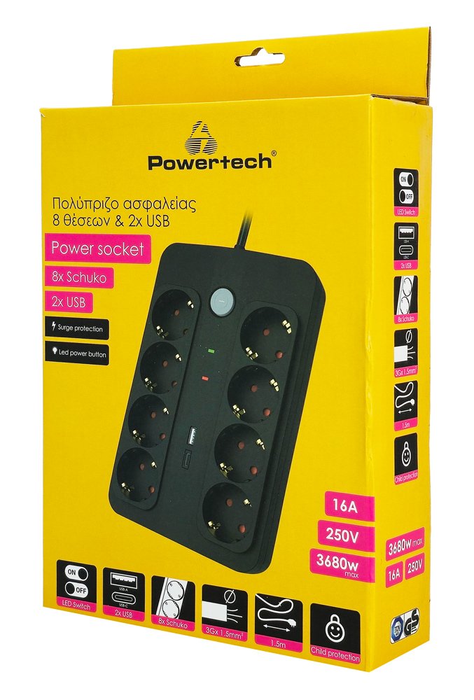 POWERTECH πολύπριζο ασφαλείας, 8 θέσεων, με USB & USB-C θύρες, 16A, 1.5m - Image 2